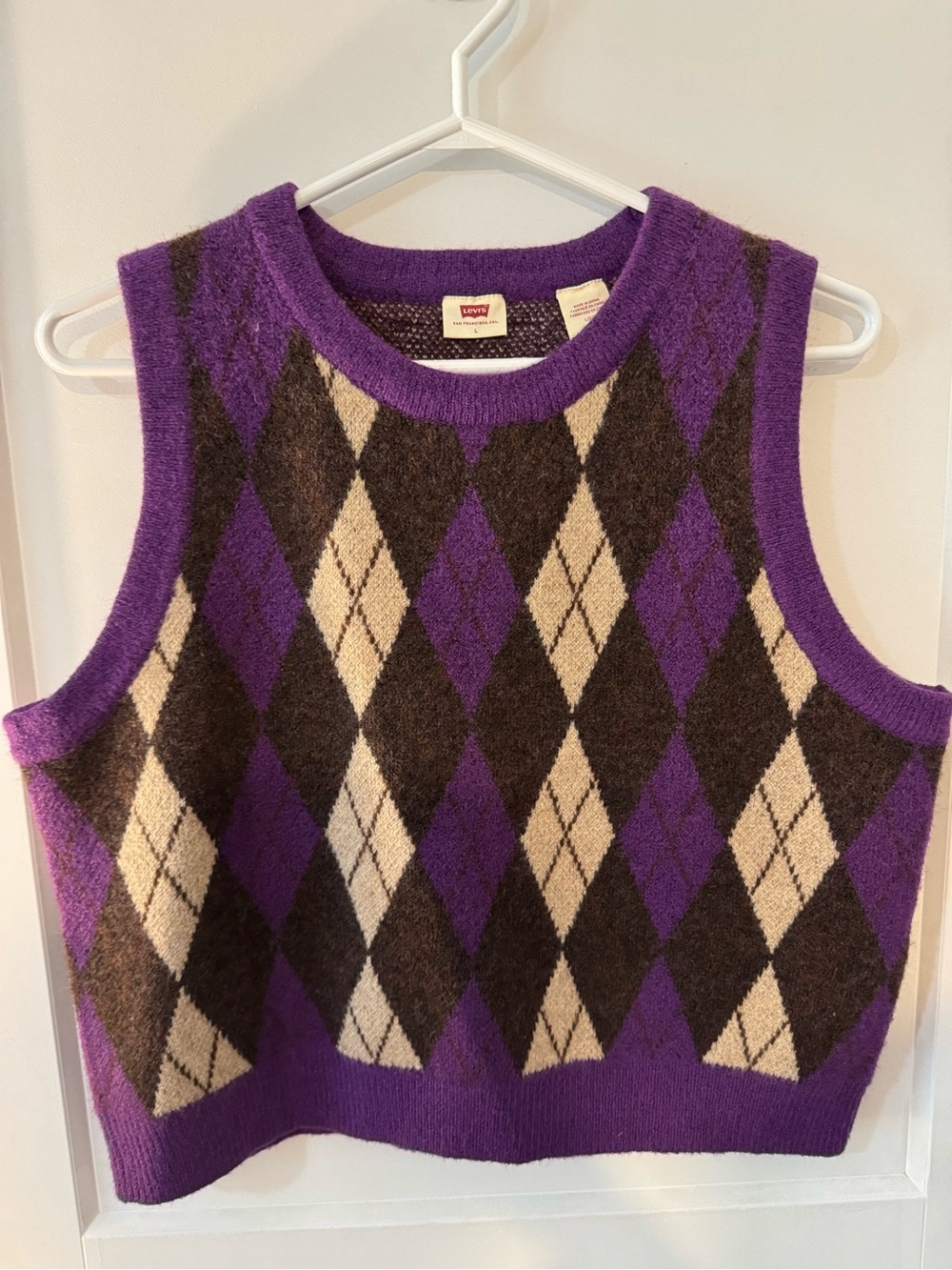 Levi's Purple Argyle Knit Vest with Cream and Brown Diamonds